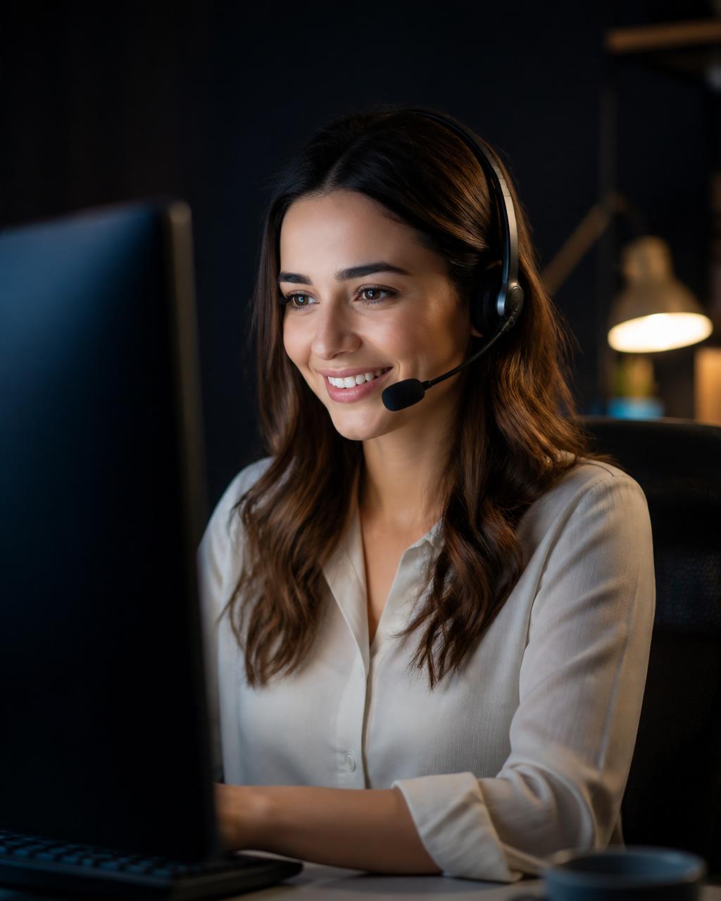 A support specialist with a headset talking with a customer online